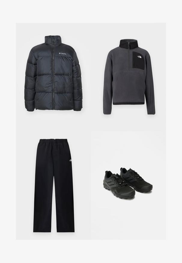 Veste matelassée noire avec un col haut, fermeture éclair frontale, poignets élastiques et panneaux cousus pour l'isolation. Présente le logo Columbia sur la poitrine.; Pull-over en polaire gris foncé avec col montant, demi-fermeture éclair à l'avant, et poche poitrine zippée noire avec logo blanc sur le côté droit.; Pantalon droit à taille élastique noire avec petit logo blanc sur la partie supérieure de la cuisse droite, présenté à plat sur un fond clair.; Baskets noires avec une tige texturée, une semelle en caoutchouc durable et des accents réfléchissants subtils ; dotées d'un système de laçage pour un maintien sécurisé.