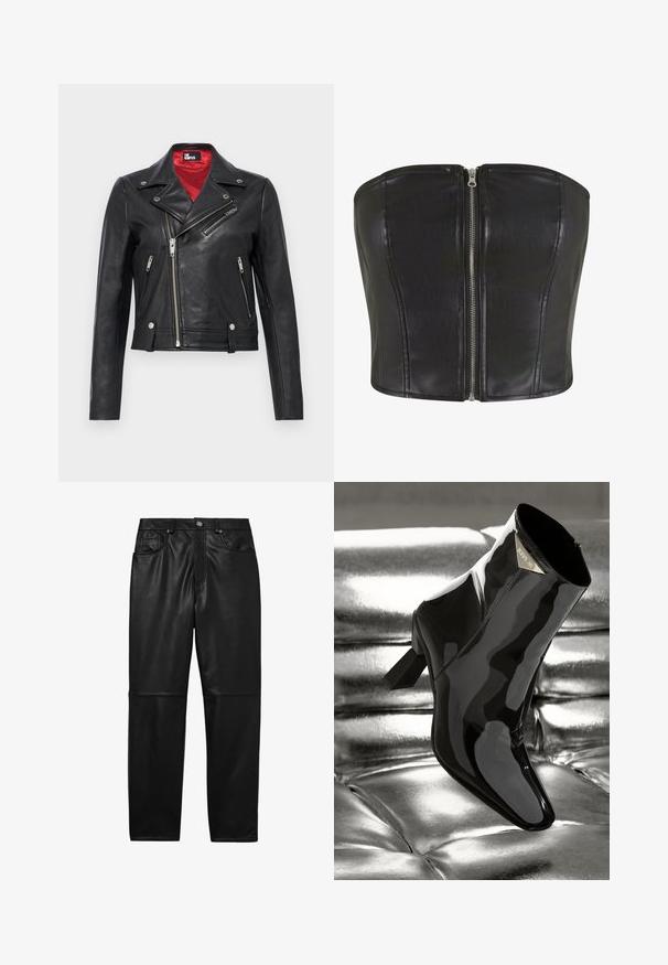 Schwarze Leder-Bikerjacke mit asymmetrischen silbernen Reißverschlüssen, Stehkragen mit Druckknöpfen und rotem Innenfutter, dargestellt auf einfarbigem Hintergrund.; Schwarzes Leder-Corsage-Oberteil mit strukturierter Passform. Verfügt über einen zentralen silbernen Reißverschluss und Nahtdetails entlang des Oberteils. Schmeichelnde Textur.; Reiss VERONA REGULAR FIT - Lederhose - black; Schwarze Lackleder- ankle boots mit spitzem Zehen und quadratischem Absatz. Mit einem goldenen Logo-Platte und glatter, glänzender Oberfläche.