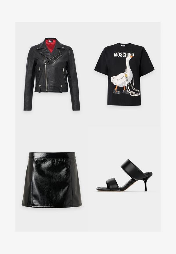 Zwarte leren motorjas met asymmetrische zilverkleurige ritsen, kraag met drukknopen en een rode voering, afgebeeld op een effen achtergrond.; Zwart katoenen T-shirt met een grote afbeelding van een gans die zwarte schoenen en een parelketting draagt, met de tekst "MOSCHINO" erboven.; Zwarte leren minirok met een glanzende afwerking, met een aansluitende taille, rechte snit en minimale naden voor een strakke uitstraling.; Zwarte leren mule sandaal met twee brede banden en een slanke, middelhoog stilettohak op een effen lichte achtergrond.