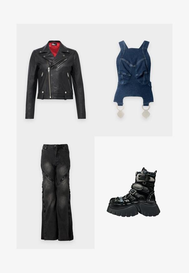 Zwarte leren motorjas met asymmetrische zilverkleurige ritsen, kraag met drukknopen en een rode voering, afgebeeld op een effen achtergrond.; Denim top met brede schouderbanden, twee voorzakken, een gebogen halslijn en zilveren sluitingen aan de onderkant.; Zwarte spijkerbroek van denim met een wijde pijp, voorzien van kettingaccenten langs de zijnaad en een knoop- en ritssluiting bij de taille.; Zwarte plateau-laars met dikke zool, meerdere gestructureerde bandjes, zilveren gespen, decoratieve metalen accenten en met studs versierde details.