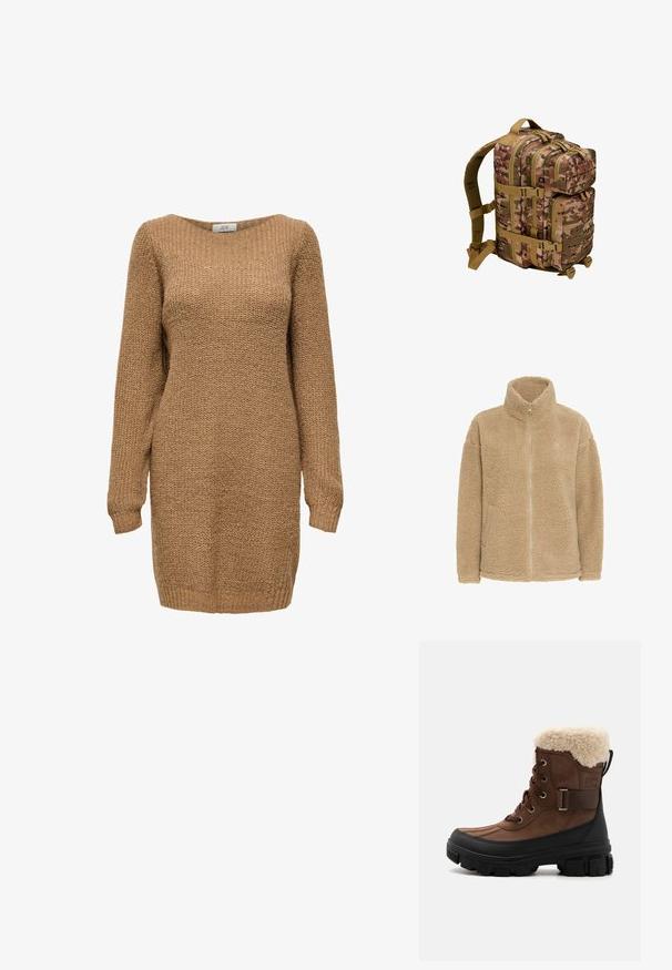Beige fleecejakke med høj krave, fuld lynlås og sidelommer. Har en blød, struktureret overflade og en afslappet pasform.; Brun strikket langærmet sweaterkjole med rund halsudskæring, ribkanter på ærmer og kant, mærket JDY.; Brun vandtæt støvle med kunstigt pelsfoer, metaløjer og en struktureret sort gummisål. Har snørebånd foran og sidestrapsdetalje.; Camouflage-rygsæk med tekstureret stof, flere rum med lynlåse, tan-farvede remme og hardware-detaljer. Justerbare polstrede skulderremme.