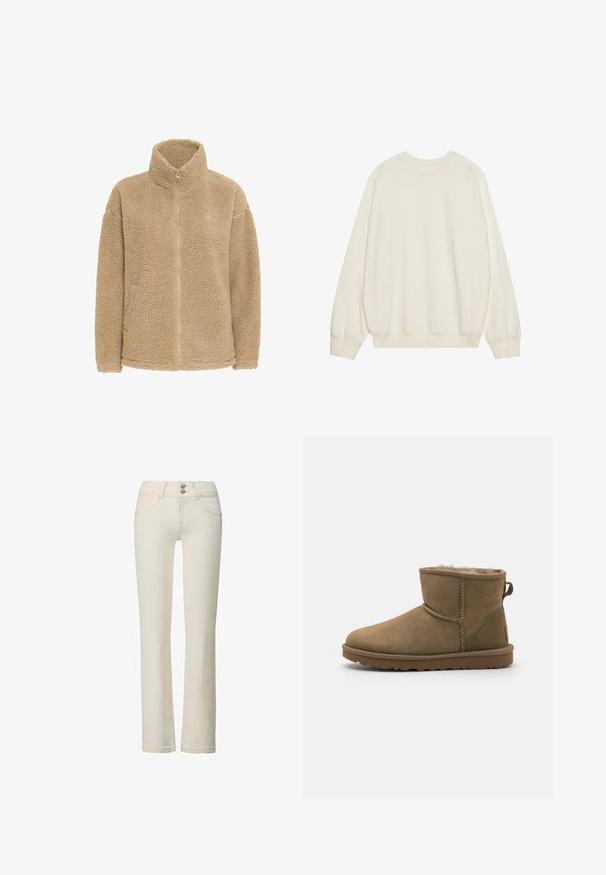 Chaqueta de forro polar beige con cuello alto, cremallera completa y bolsillos laterales. Presenta una superficie suave y texturizada con un corte relajado.; Sudadera beige claro hecha de una suave mezcla de algodón. Presenta mangas largas, un cuello redondo y puños y dobladillo de canalé, con un corte relajado.; Vaqueros rectos color blanco roto con cierre de doble botón, bolsillos delanteros y presillas para cinturón, mostrados sobre un fondo blanco.; Bota de tobillo de ante marrón con un forro suave y peludo, puntera redonda y un acento en forma de lazo en la parte posterior. Suela de goma plana con agarre texturizado.