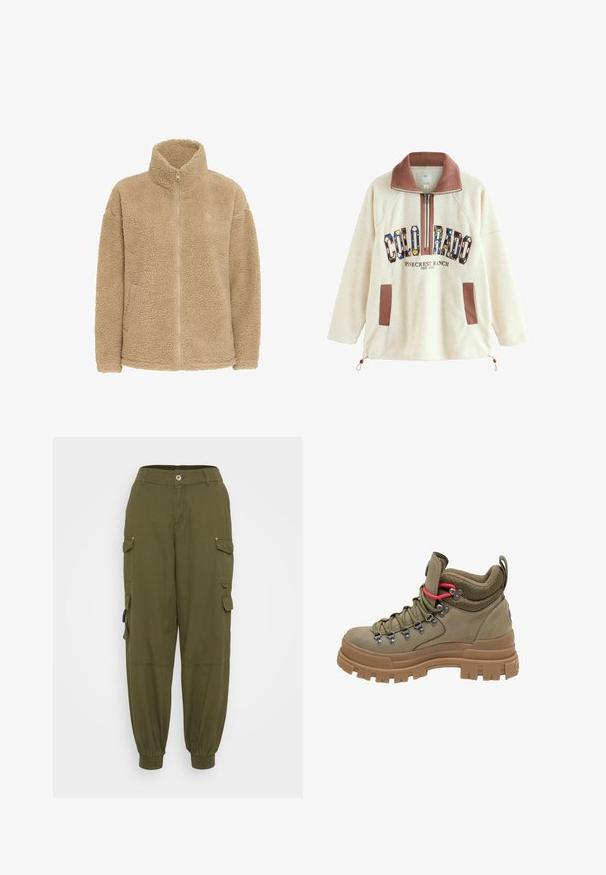 Beige fleecejakke med høj krave, fuld lynlås og sidelommer. Har en blød, struktureret overflade og en afslappet pasform.; Fleece-pullover i creme med brun krave, med flerfarvet "COLORADO" tekst og sidelommer. Justerbar kant med snor.; Olivengrønne cargo bukser med elastisk talje, tætsiddende manchetter og flere sidelommer. Fremstillet af slidstærkt stof med en blød tekstur.; Vandre støvle med højt skaft i olivengrøn med tyk brun gummisål, mesh-polstret krave, metaløjer og rød accent snøreløkke.