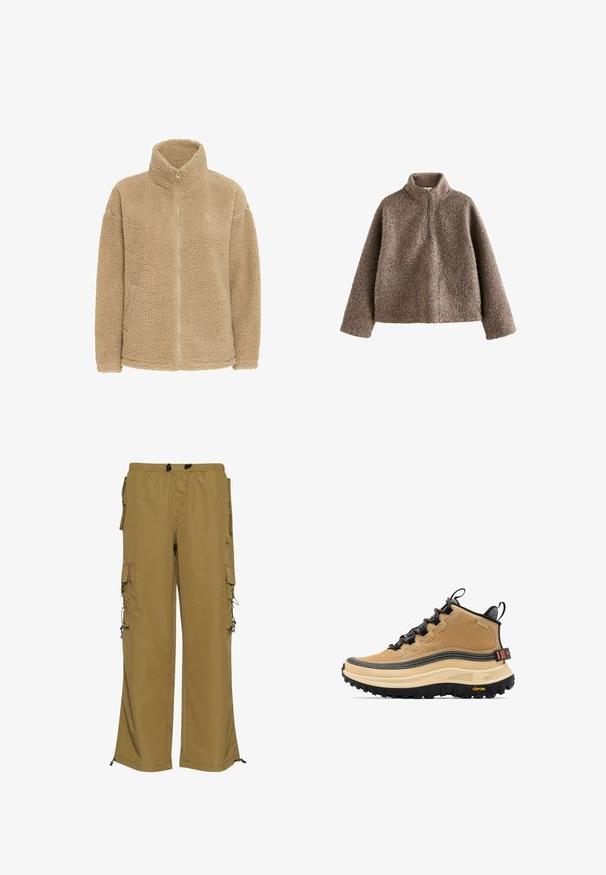 Beige fleecejakke med høj krave, fuld lynlås og sidelommer. Har en blød, struktureret overflade og en afslappet pasform.; Brun fleece-pullover med høj krave og halvlukket design. Har en struktureret overflade og en løs pasform.; Khaki cargo bukser med elastisk talje, flere sidelommer og justerbare manchetter. Fremstillet af et holdbart stof med en glat tekstur.; Tanfarvet højtop vandrestøvle med sorte snørebånd, tyk beige sål, sort robust ydersål og "SOREL" branding på siden og hælflappen.