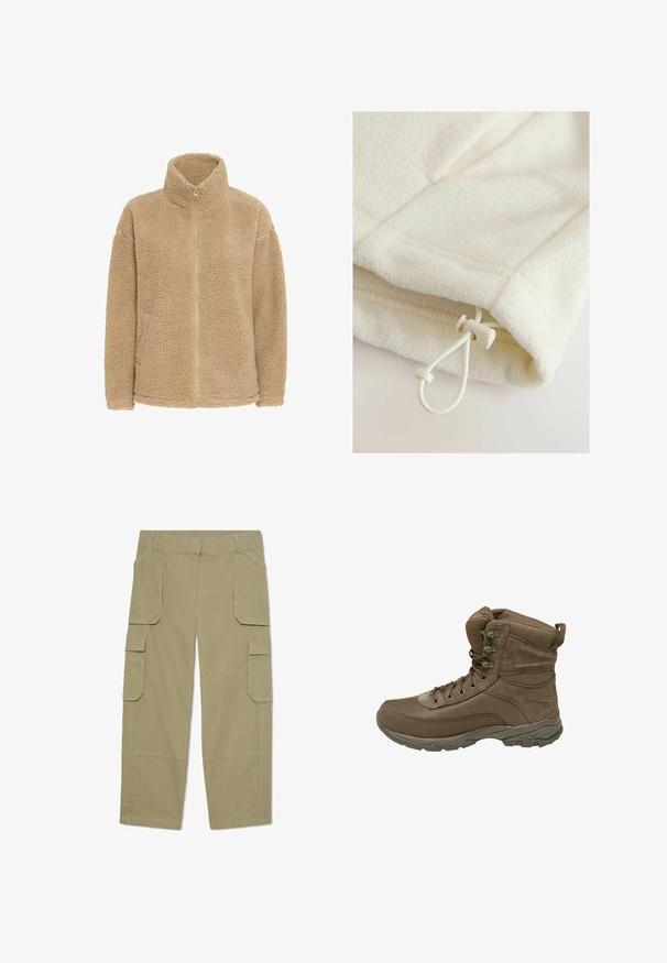 Beige fleecejakke med høj krave, fuld lynlås og sidelommer. Har en blød, struktureret overflade og en afslappet pasform.; Fleece-tøj i off-white med en blød tekstur, der har en toggle og snor til justering nederst.; Khakifarvede cargobukser med flere klaplommer foran og på siderne, lige ben og bæltestropper i taljen.; Brun vandrebod med mesh- og ruskindsmaterialer, forstærket tåfinger og snørebåndsdesign. Har en polstret krave og tekstureret sål for godt greb.
