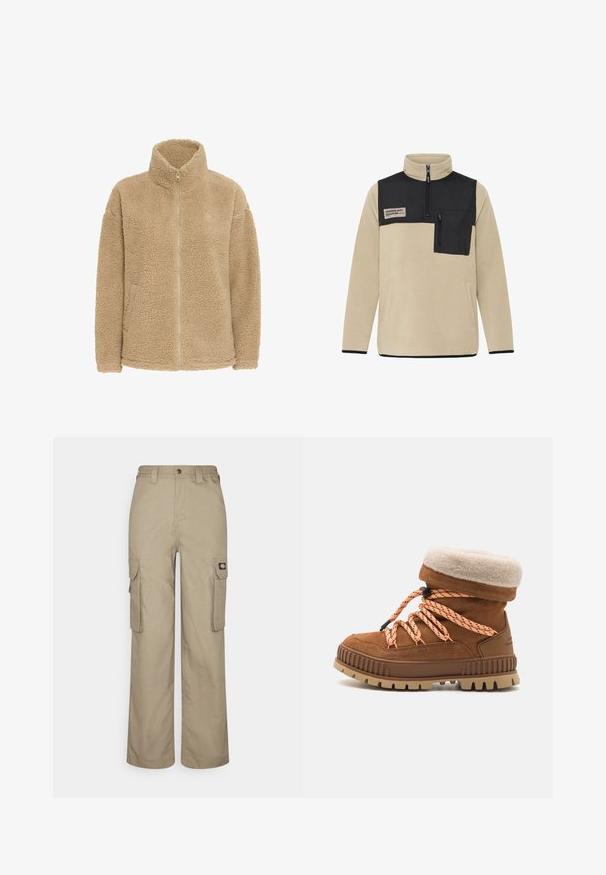 Veste polaire beige zippée intégralement avec col montant et manches longues en tissu sherpa doux et texturé.; Pull en polaire beige avec un panneau supérieur noir, col zippé à mi-hauteur, poche poitrine zippée et ourlet et poignets noirs contrastants.; Pantalons cargo beiges en tissu durable, offrant une coupe décontractée, plusieurs poches latérales et une taille élastique avec une fermeture à bouton.; Botte en daim marron avec un revers en fausse fourrure beige, des lacets tachetés orange et noir, et une semelle en tan robuste. Comprend un col rembourré pour plus de confort.