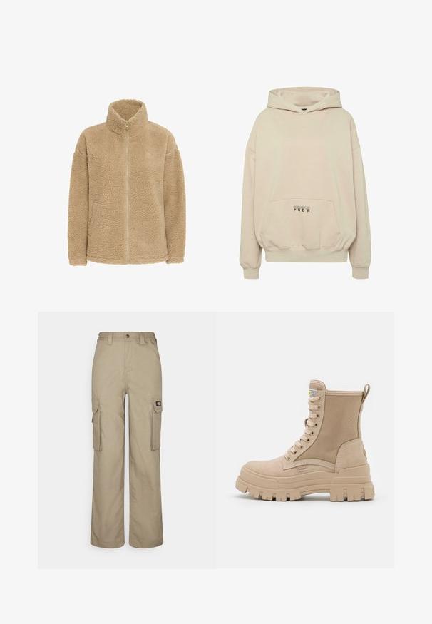 Beige fleecejakke med høj krave, fuld lynlås og sidelommer. Har en blød, struktureret overflade og en afslappet pasform.; Beige hættetrøje med en forlomme, ribbede manchetter og snøre i hætten. "PECADOR PGDR" tekst trykt på lommedelen.; Beige cargo bukser lavet af slidstærkt stof, med en afslappet pasform, flere sidelommer og et elastisk liv med knaplukning.; Beige snørestøvle til anklen med tyk rillede sål og tekstureret sidepanel, der viser mærkeetiketten og trækskiven bagpå.