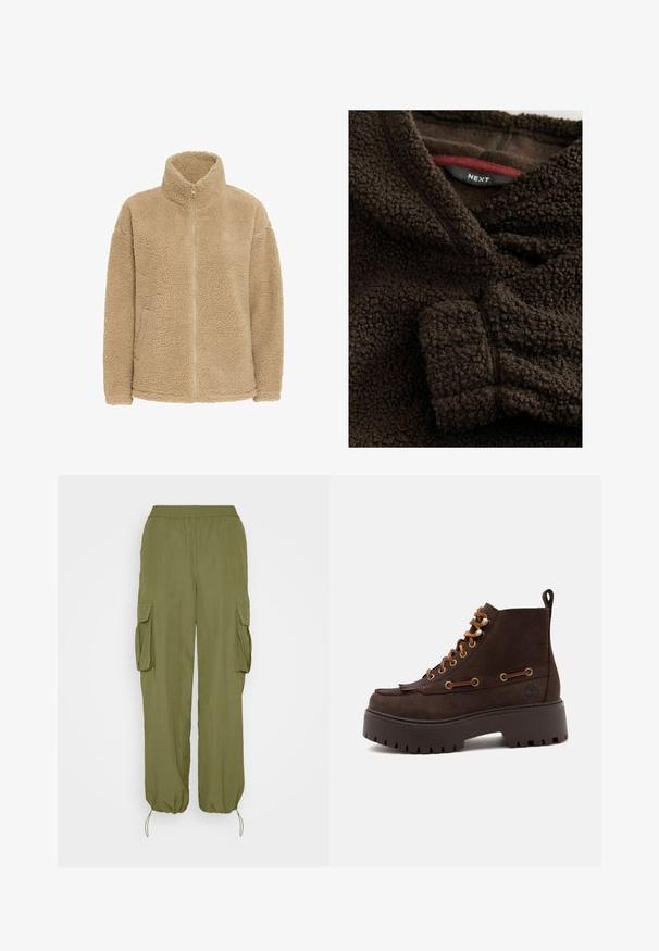 Beige fleecejakke med høj krave, fuld lynlås og sidelommer. Har en blød, struktureret overflade og en afslappet pasform.; Brunt fleece-stof med en blød, struktureret overflade. Har en krave og en rød detalje på det indre label. Varm og hyggelig udseende.; Olivengrønne cargo-bukser med elastisk talje, to side cargo-lommer og snoretræk ved bæren. Lavet af let, tekstureret stof.; Mørkebrun læderstøvle med snørre, kraftig sål, gyldne nitter og en fæstet trækflap bagpå på en hvid baggrund.