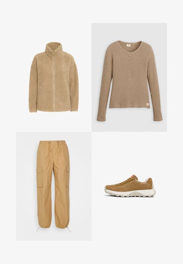 Chaqueta de forro polar beige con cuello alto, cremallera completa y bolsillos laterales. Presenta una superficie suave y texturizada con un corte relajado.; Camisa henley de punto gofre beige de manga larga con escote redondo y tapeta con cinco botones, presentada plana sobre fondo blanco.; b.young BYDEMETE - Pantalones cargo - tiger's eye; Zapatillas de cuero marrón con un acabado texturizado, que cuentan con una entresuela blanca y una suela robusta, acentuadas por cordones marrones y una etiqueta con el logotipo.