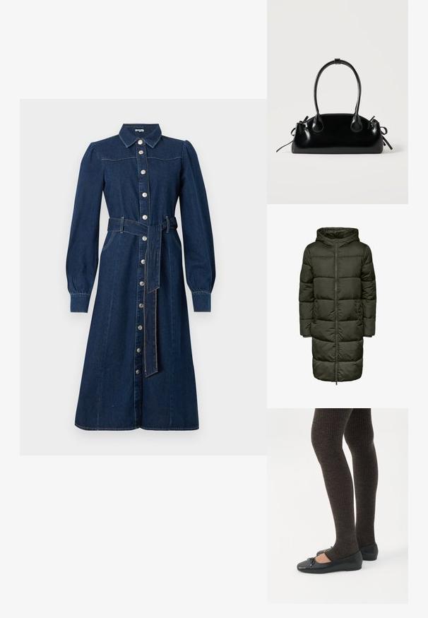 Abrigo acolchado largo en verde oscuro, con capucha, cierre de cremallera y puños elásticos. Fabricado en material aislante, proporciona calidez y comodidad.; Vestido de denim azul oscuro con mangas largas, cierre de botones en la parte delantera, cuello y un cinturón a juego en la cintura; presenta costuras sutiles y bolsillos.; Piernas con leggings oscuros acanalados combinados con bailarinas negras que presentan pequeños detalles de lazo sobre un fondo blanco.; Pequeño bolso negro brillante con dos asas largas y detalles de cordón lateral sobre un fondo claro liso.