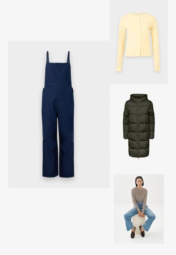 Puffjatav pikk mantel tumerohelises värvitoonis, millel on kapuuts, tõmblukk ja elastsed mansetid. Valmistatud soojust hoidvast materjalist, pakkudes soojust ja mugavust.; Tumed denim üleüldised püksid laia säärega, reguleeritavate rihmade ja küljetaskutega, millel on puhas, minimalistlik disain ja sile tekstuur.; Hele kollane, pika varrukaga, soonikkoes kardigan ümmarguse kaeluse ja ees nööpidega, lihtsal taustal.; Noor naine lühikeste mustade juustega istub valgel plokil, kandes beežikat karvast kampsunit, siniseid teksaseid ja tumedat pruunid mokassiine, valge tausta ees.