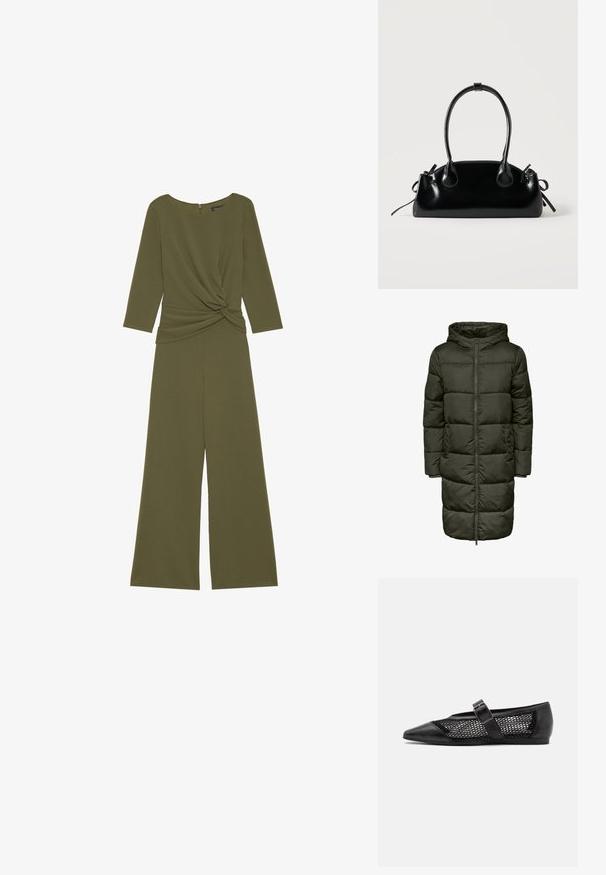 Manteau long matelassé de couleur verte foncée, doté d'une capuche, fermeture éclair et poignets élastiques. Fabriqué en matériau isolant, offrant chaleur et confort.; Combinaison vert olive en tissu doux, avec un détail de nœud torsadé à la taille, des manches trois-quarts et un pantalon à jambes larges.; Chaussure plate noire avec un bout pointu, panneaux latéraux en maille et une sangle avec une boucle décorative. Fini lisse sur les sections du bout et du talon.; Petit sac à main noir brillant avec deux longues anses et des détails à cordon sur les côtés sur un fond clair uni.