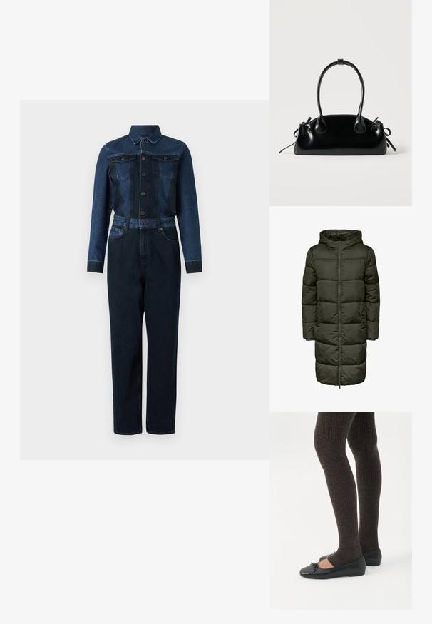 Puffy lang jakke i mørkegrøn farve med hætte, lynlås lukning og elastiske manchetter. Fremstillet af isolerende materiale, der giver varme og komfort.; Denim jumpsuit med en mørkeblå farve, lange ærmer, knaplukning foran, krave og bælte i taljen med to brystlommer.; Ben iført mørke ribbede leggings kombineret med sorte balletsko med små sløjfedetaljer på hvid baggrund.; Lille sort blank håndtaske med to lange håndtag og snøre-detaljer i siden på en ensfarvet lys baggrund.