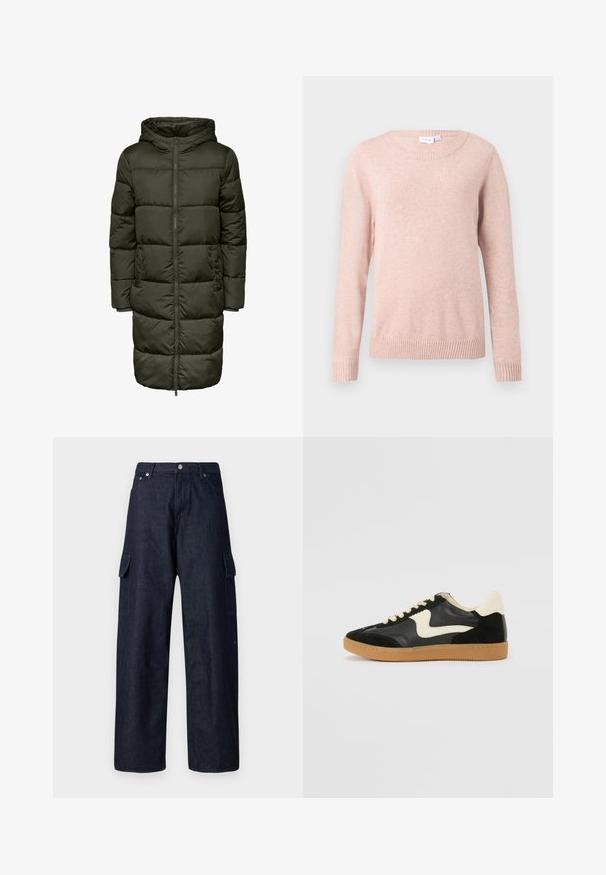 Puffy lang jakke i mørkegrøn farve med hætte, lynlås lukning og elastiske manchetter. Fremstillet af isolerende materiale, der giver varme og komfort.; Lys pink sweater med rund halsudskæring, lange ærmer og ribbede manchetter og kant. Lavet af blødt stof med en glat tekstur.; Mørk denim cargo bukser med brede ben, der har to sidelommer, en knaplukning og en holdbar stoftekstur.; Sorte ruskinds- og lædersneakers med en cremefarvet side-swoosh og lys cremefarvet hæl. Har beige snørebånd og en gummirubber-sål.