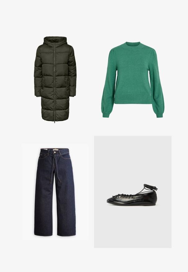 Puffy lang jakke i mørkegrøn farve med hætte, lynlås lukning og elastiske manchetter. Fremstillet af isolerende materiale, der giver varme og komfort.; Grøn strikket sweater med rund halsudskæring, lange pufærmer og ribbet kant. Glat tekstur og tætsiddende silhuet.; Bredde ben mørkeblå denim jeans med høj talje, der har snoretræk, fem lommer og kontrastsyet detaljer.; Sorte balletflade sko i laklæder med rundet tå, snørelukning og flad sål. Glat tekstur med få detaljer.