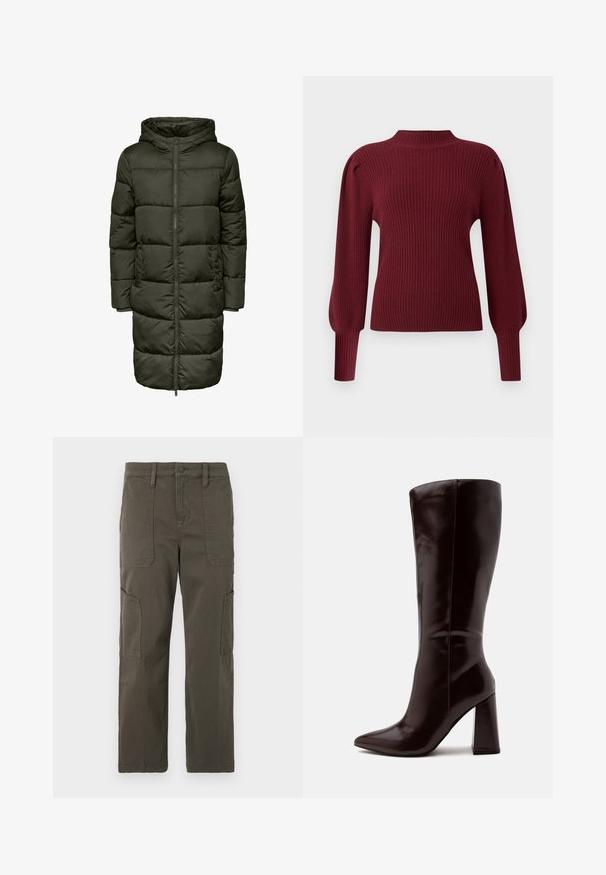Puffer-Langjacke in Dunkelgrün, mit Kapuze, Reißverschluss und elastischen Bündchen. Hergestellt aus isolierendem Material, das Wärme und Komfort bietet.; Burgunderfarbener Rippstrickpullover mit hohem Kragen, langen Puffärmeln und schmalen Bündchen. Merkmale sind eine weiche Textur und ein strukturiertes Design.; Good American CROPPED PANTS - Cargohose - fatigue; Hoher dunkelbrauner Lederstiefel mit spitzer Spitze und Blockabsatz vor hellem einfarbigem Hintergrund.
