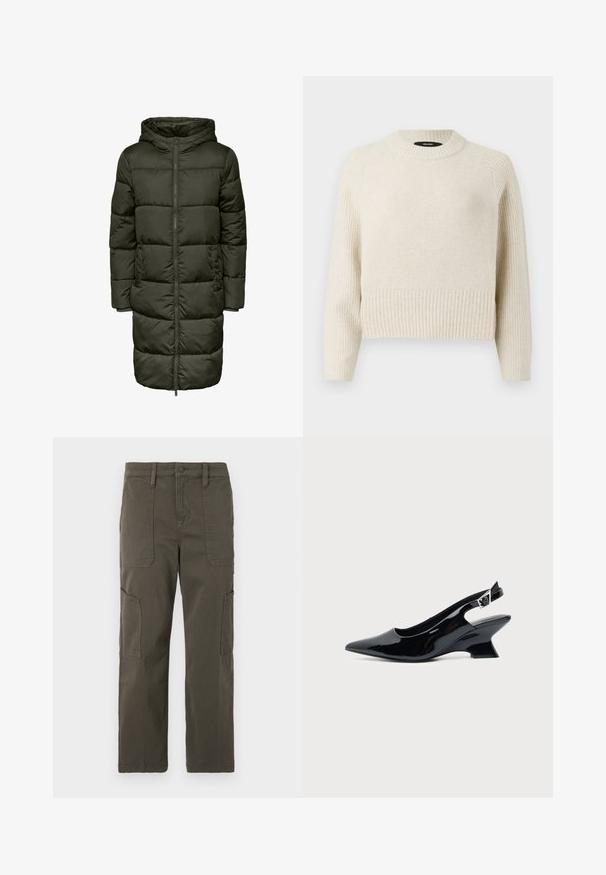 Puffer-Langjacke in Dunkelgrün, mit Kapuze, Reißverschluss und elastischen Bündchen. Hergestellt aus isolierendem Material, das Wärme und Komfort bietet.; Hellbeige gestrickter Pullover mit einem gerippten Saum und texturiertem Oberteil. Verfügt über einen Rundhalsausschnitt und lange Ärmel mit einem lockeren Schnitt.; Good American CROPPED PANTS - Cargohose - fatigue; Schwarzer Slingback-Schuh aus Lackleder mit spitzer Spitze und niedrigem, schrägem Blockabsatz auf einfachem hellem Hintergrund.