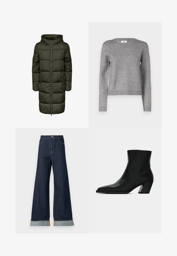 Dikke lange jas in donker groen, met een capuchon, ritssluiting en elastische manchetten. Gemaakt van geïsoleerd materiaal, dat warmte en comfort biedt.; Grijze gebreide trui met een ronde halslijn en lange mouwen. Heeft een geribde zoom en manchetten; zachte textuur, perfect om te combineren in laagjes.; Brede broekspijpen in donkerdenim met oranje stiksel, met een hoge taille, twee voorzakken en omgeslagen manchetten die een lichtblauwe contraststof laten zien.; Zwarte leren enkelboot met een spitse neus, een slanke silhoeet en een chunky vierkante hak. Gladde textuur met minimale stikdetails.