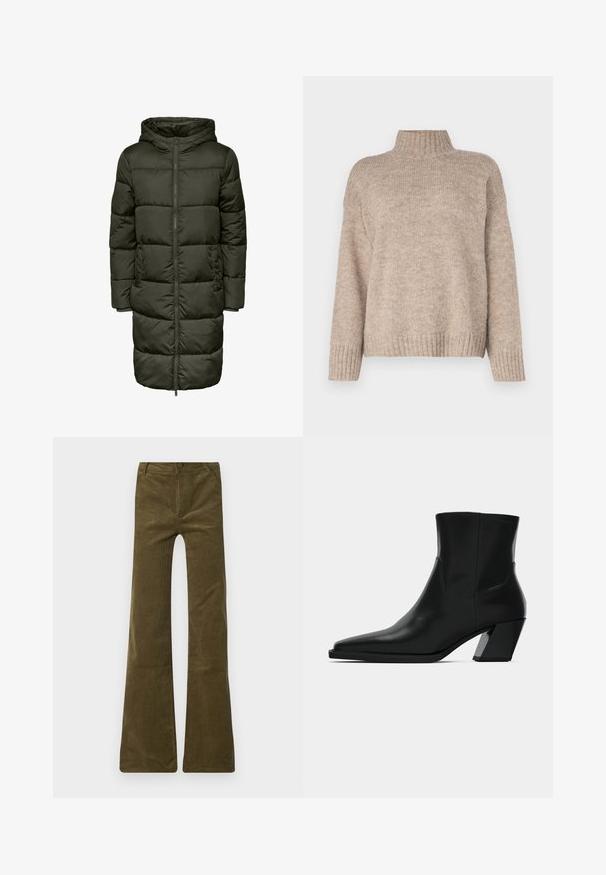 Manteau long matelassé de couleur verte foncée, doté d'une capuche, fermeture éclair et poignets élastiques. Fabriqué en matériau isolant, offrant chaleur et confort.; Pull en tricot beige avec un col côtelé haut, coupe décontractée, et poignets et ourlet côtelés. Texture douce avec un design décontracté.; Pantalons flare en velours côtelé vert olive avec fermeture à bouton et braguette zippée. Comprend des poches avant et une surface douce et texturée.; Bottine en cuir noir avec un bout pointu, une silhouette élégante et un talon carré massif. Texture lisse avec des détails de couture minimalistes.