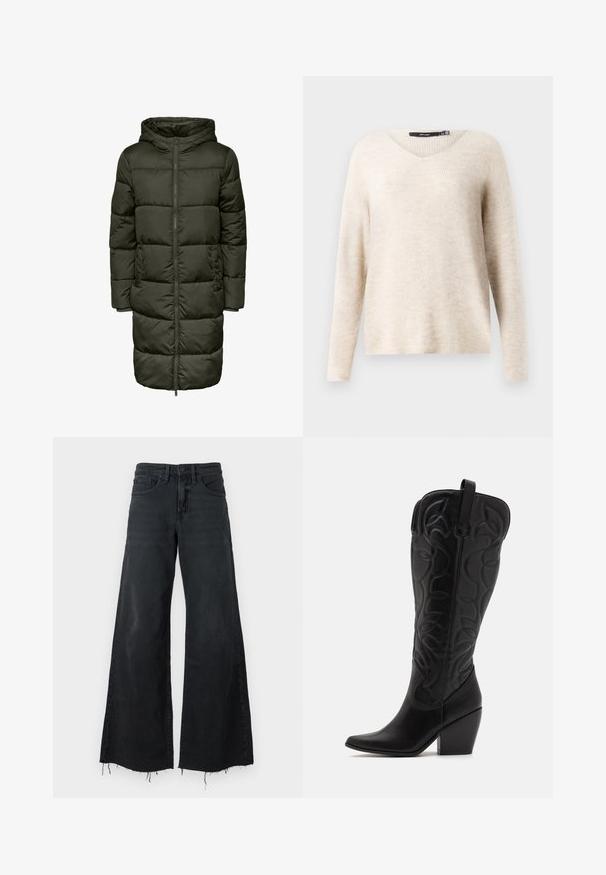 Puffy lang jakke i mørkegrøn farve med hætte, lynlås lukning og elastiske manchetter. Fremstillet af isolerende materiale, der giver varme og komfort.; Beige v-hals sweater med lange ærmer, lavet af tekstureret strikstof. Har en afslappet pasform og ribbede detaljer langs kanterne.; Good American GOOD EASE RELAXED - Wide leg - black; Sorte knæhøje støvler i læder med spids snude og lagdelt hæl. Har dekorative syninger og buede designelementer.