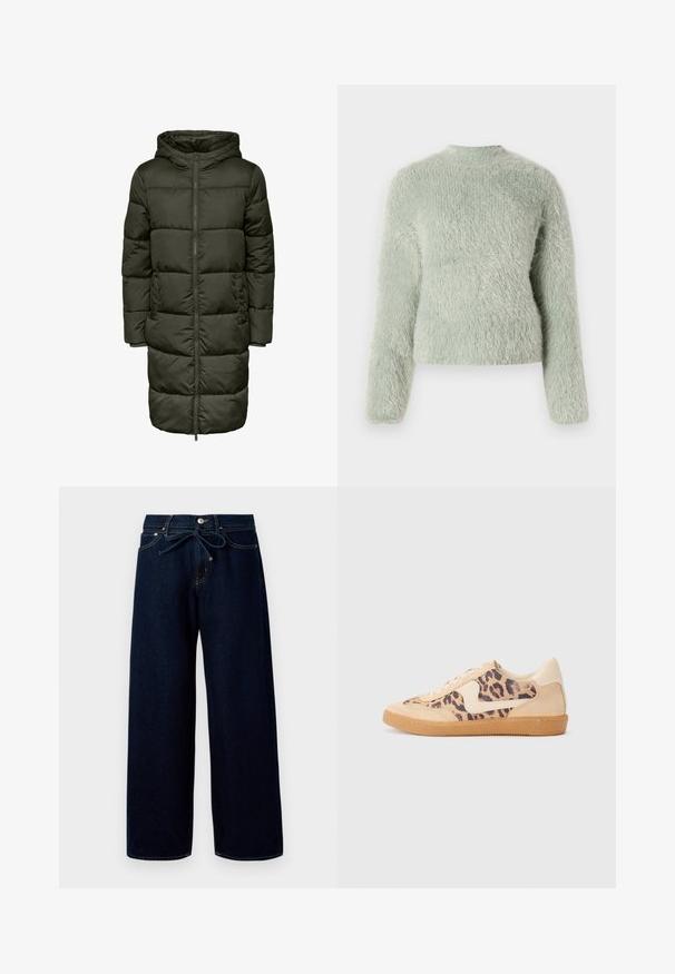Puffy lang jakke i mørkegrøn farve med hætte, lynlås lukning og elastiske manchetter. Fremstillet af isolerende materiale, der giver varme og komfort.; Fuzzy lys grøn sweater med lange ærmer, høj halsudskæring og en blød tekstureret overflade, der har en afslappet pasform og minimalistisk design.; Mørkeblå vide jeans lavet af denim, med en frontknaplukning og en snørelukning i taljen, samt kontrasterende syninger.; Leopardprint sneakers med beige ruskindsoverdel, tan gummisål og hvide detaljer. Rund pegefinger og snørebåndsdesign med en tekstureret finish.