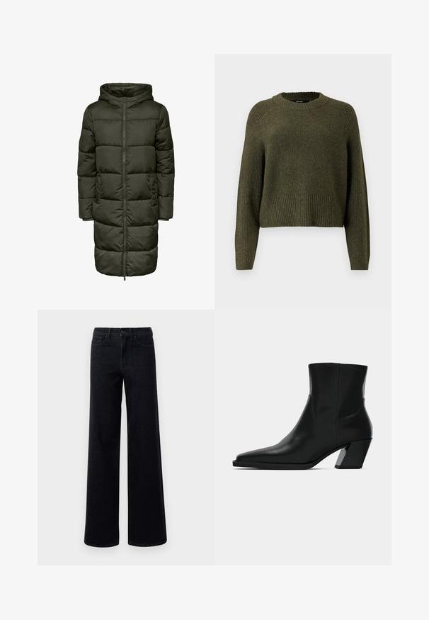 Manteau long matelassé de couleur verte foncée, doté d'une capuche, fermeture éclair et poignets élastiques. Fabriqué en matériau isolant, offrant chaleur et confort.; Pull en tricot vert olive avec un col rond, un ourlet côtelé et des manches longues au fit décontracté. Fabriqué en tissu texturé et doux.; Jean en denim noir à jambes larges avec une taille haute, doté de poches standard et d'une fermeture à bouton. Texture lisse avec un léger, stretch.; Bottine en cuir noir avec un bout pointu, une silhouette élégante et un talon carré massif. Texture lisse avec des détails de couture minimalistes.