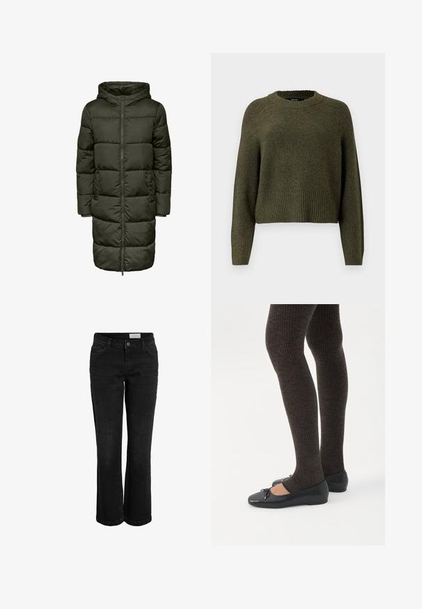 Puffy lang jakke i mørkegrøn farve med hætte, lynlås lukning og elastiske manchetter. Fremstillet af isolerende materiale, der giver varme og komfort.; Olivengrøn strikket sweater med rund halsudskæring, ribbet kant og lange ærmer med en afslappet pasform. Fremstillet af blødt tekstureret stof.; Sorte denim jeans med en bred forneden, fem-lomme design og knaplukning. Har diskrete syninger og et klassisk taljebånd.; Ben iført mørke ribbede leggings kombineret med sorte balletsko med små sløjfedetaljer på hvid baggrund.