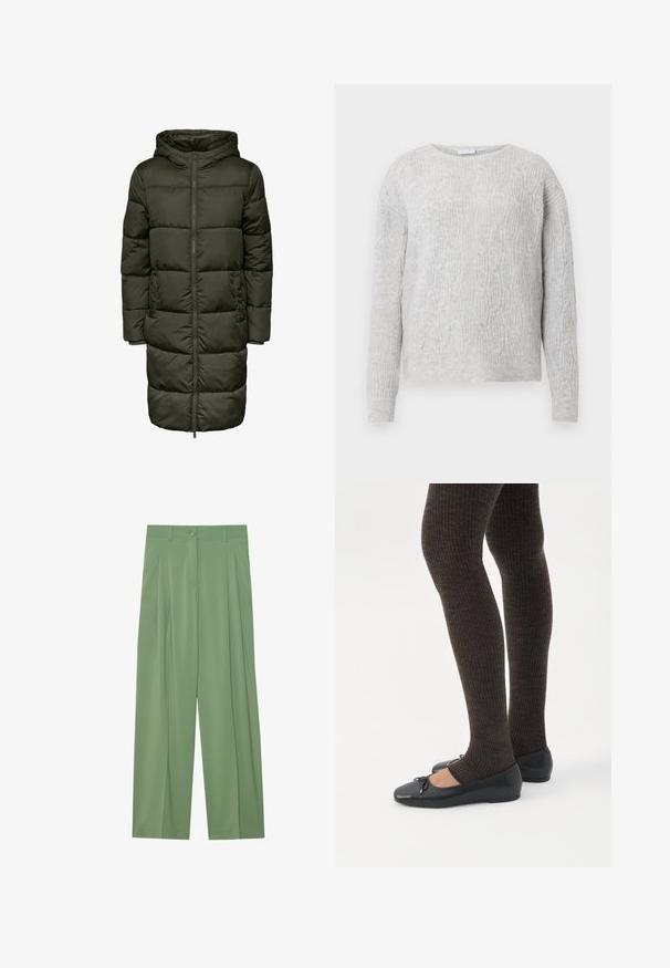 Puffy lang jakke i mørkegrøn farve med hætte, lynlås lukning og elastiske manchetter. Fremstillet af isolerende materiale, der giver varme og komfort.; Lys grå sweater med kabelstrik mønster, rund halsudskæring og lange ærmer. Fremstillet af et blødt, tekstureret materiale.; Grønne brede bukser lavet af glat stof. Har folder foran, en enkelt knaplukning og bæltestropper.; Ben iført mørke ribbede leggings kombineret med sorte balletsko med små sløjfedetaljer på hvid baggrund.