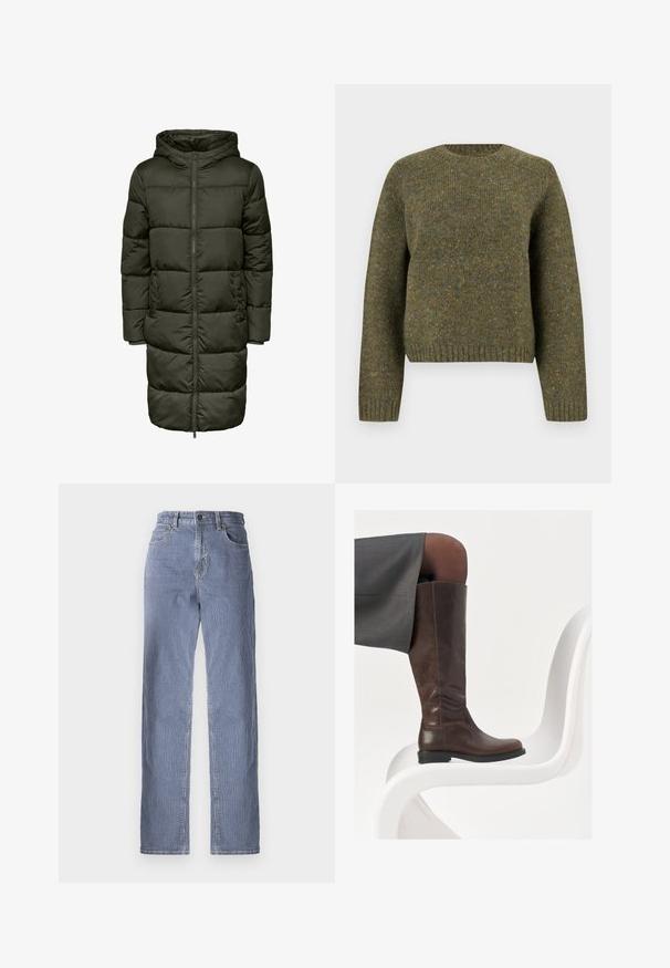Puffer-Langjacke in Dunkelgrün, mit Kapuze, Reißverschluss und elastischen Bündchen. Hergestellt aus isolierendem Material, das Wärme und Komfort bietet.; Grüner Wollpullover mit Rundhalsausschnitt, gerippten Bündchen und Saum, strukturiertem Stoff und einem leicht lockeren Schnitt.; Gestreifte Denim-Jeans mit geradem Bein, ausgestattet mit einem Knopf- und Reißverschluss, fünf Taschen und einem leichten Farbverlauf.; Braune Lederstiefel bis zum Knie mit abgerundeter Spitze, glatter Oberfläche und minimalen Nähten, vor einem hellen Hintergrund auf einem weißen Stuhl.