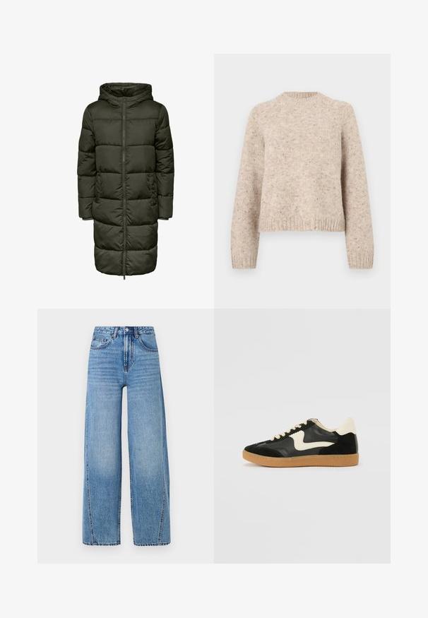 Manteau long matelassé de couleur verte foncée, doté d'une capuche, fermeture éclair et poignets élastiques. Fabriqué en matériau isolant, offrant chaleur et confort.; Pull en tricot beige avec un col rond, des manches longues et des poignets côtelés. Fabriqué en mélange de laine texturé avec des éclats subtils tout au long.; Jean en denim large à taille haute, bleu clair, avec poches avant, passants de ceinture, fermeture à bouton et détails de couture visibles.; Baskets en daim et cuir noir avec un swoosh latéral crème et un talon crème clair. Dotées de lacets beige et d'une semelle en caoutchouc gomme.