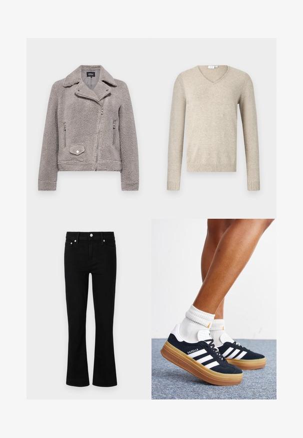 Veste en fausse fourrure grise avec un col, fermeture éclair à l'avant, deux poches latérales et une poche poitrine. Présente un ajustement près du corps et une surface texturée.; Pull à col en V beige en matériau doux avec des manches longues et des poignets côtelés. Présente un design simple sans motifs ni embellissements.; Jean en denim noir évasés avec une taille ajustée, design à cinq poches et accents en métal argenté, présentant une texture lisse et une longueur standard.; Jambes portant des chaussettes blanches et des baskets Adidas Gazelle noires avec des bandes blanches et des semelles épaisses marron sur un sol recouvert de moquette grise.