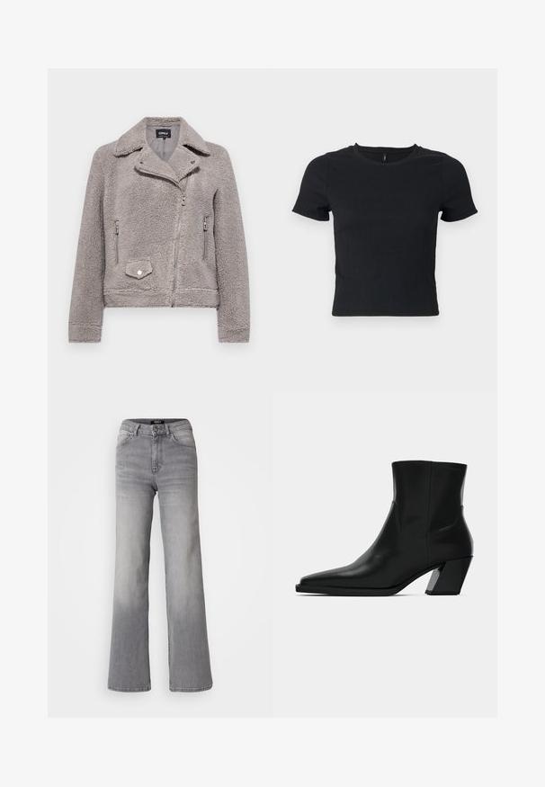 Hallide kuretekk grey faux fur jakk, millel on krae, lukuga eesmine osa, kaks küljetaskut ja üks rinnatasku. Omab tihedat istuvust ja tekstuurset pinda.; Musthave, lühikeste varrukatega must T-särk, millel on tekstureeritud kangas ja ümar kaelus. Sobivus on keha ligi, disainil on peene mustriga ja see ulatub nabani.; Kõrge vöökoht, sirged hallid teksad, millel on ees nupp ja lukku, ees ja taga taskud ning hägune varjund reitel ja sääremarjadel.; Must must jalatsid mustast nahast, terava ninaga, stiilne siluett ja jäme ruudukujuline konts. Sile tekstuur, millel on minimaalsed õmblemise detailid.