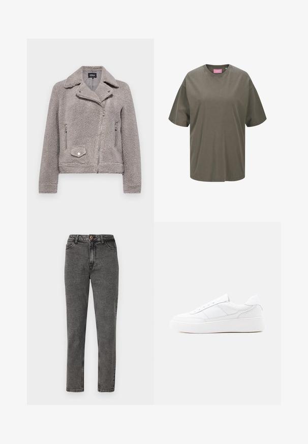 Veste en fausse fourrure grise avec un col, fermeture éclair à l'avant, deux poches latérales et une poche poitrine. Présente un ajustement près du corps et une surface texturée.; T-shirt oversized vert olive en coton doux, avec un col rond classique et des manches courtes, doté d'une étiquette rose à l'intérieur.; Jean en denim gris avec une coupe droite, doté d'un seul bouton en cuivre, de poches avant et de détails de couture visibles.; Baskets basses blanches avec semelle épaisse, design à lacets et détails de couture subtils sur un fond clair uni.