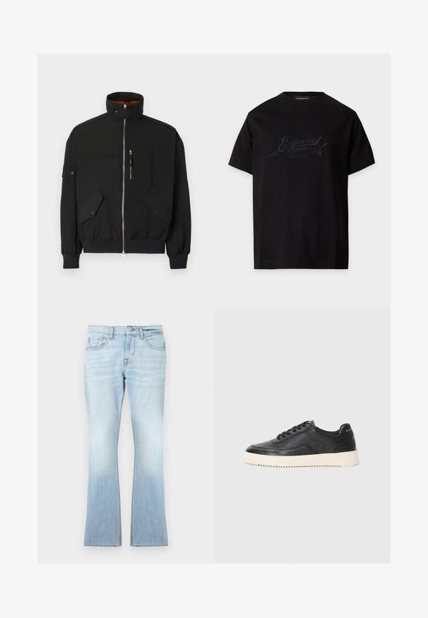 Sort jakke lavet af letvægtsstof, med høj krave, lynlås foran, brystlomme, og to frontlommer med klap og snaplukninger.; Sort t-shirt med korte ærmer med subtilt sort broderet Emporio Armani Music District-logo og stjerne på brystet.; Lyseblå vidde jeans lavet af denim. Har fem lommer, knap- og lynlås-lukning, med falmning mod kanten.; Sort lædersneaker med struktureret overflade, rund tå og flad hvid gummisål. Har sorte snørebånd og branding på hælen.