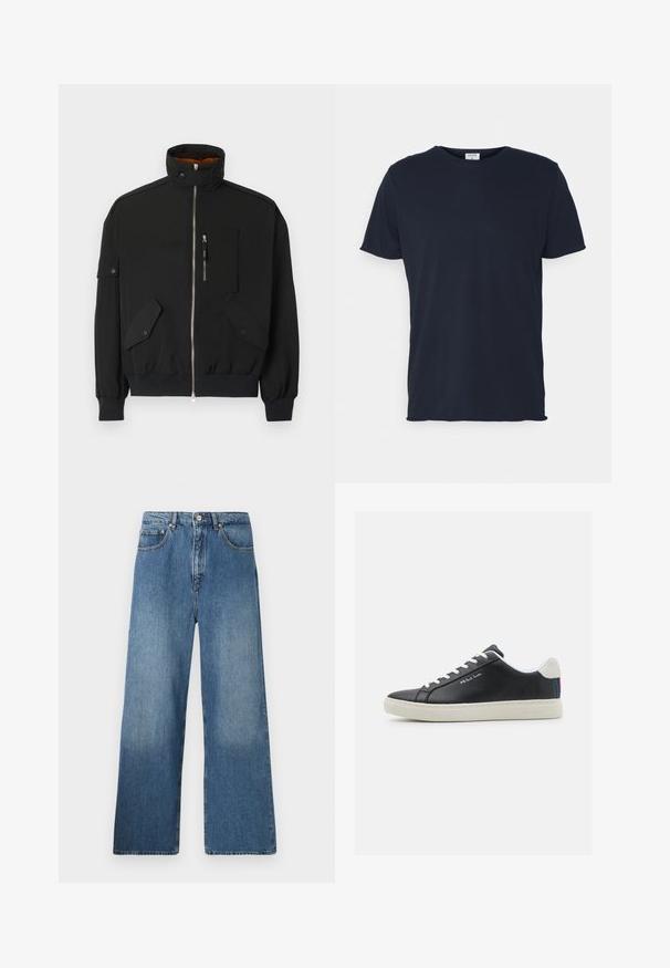 Sort jakke lavet af letvægtsstof, med høj krave, lynlås foran, brystlomme, og to frontlommer med klap og snaplukninger.; Marineblå bomulds t-shirt med rund hals og korte ærmer, med en glat tekstur og enkel design, uden synlige mønstre eller accenter.; Bredde ben blå denim jeans med et klassisk fem-lomme design, frontlukning med knap og let falming for tekstur.; Sorte læder sneakers med hvide snørebånd og gummisål. Har en blå, rød og grøn stribet detalje ved hælen. Indeholdt syede detaljer.