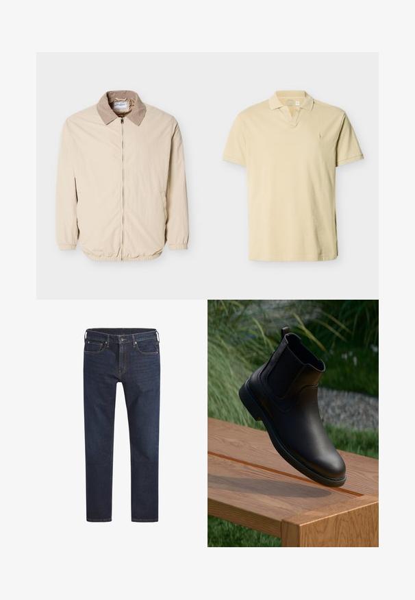 Veste beige légère avec un col légèrement plus foncé, une fermeture éclair à l'avant, des poignets élastiques, et deux poches latérales.; Polo beige à manches courtes avec col côtelé, ouverture en V et logo brodé discret sur la poitrine gauche.; Jeans en denim bleu foncé avec une coupe droite, un design à cinq poches et un bouton métallique de fermeture. Présente des coutures contrastantes sur l'ensemble.; Bottine en cuir noir avec panneaux latéraux élastiques, bout rond et semelle extérieure en caoutchouc texturée, flottant au-dessus d'une table en bois.