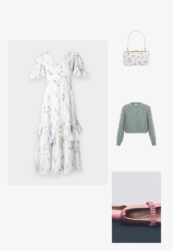 Mintgrøn cropped jakke med broderet blomsterdesign, rund halsudskæring, knaplukning og rynkede manchetter ved ærmerne.; Blomster midi kjole i lyseblå og hvid med puffede ærmer, V-hals og volangkant, med spredte mørkebrune detaljer og mønstre.; Rosa flade sko med glat læderfinish, elastisk rem og gyldent mærke indvendigt. Rund tåform og minimalistisk design.; Hvid rektangulær clutch med blåt blomsterprint og perlebehandlet håndtag med guldfarvet hardware og lås.