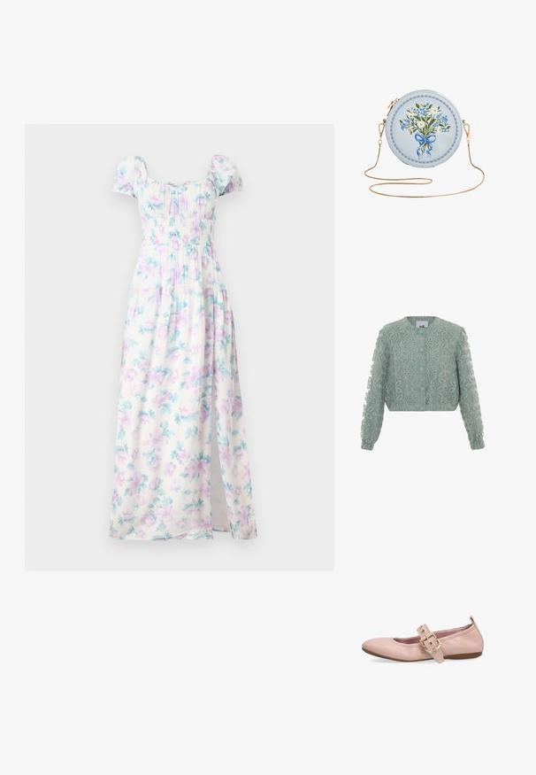 Mintgrøn cropped jakke med broderet blomsterdesign, rund halsudskæring, knaplukning og rynkede manchetter ved ærmerne.; Blomstret maxi kjole med korte puffærmer, hvidt stof med lyse lilla og teal blomster, smocket skørt og slidser i siden.; Lyserød læder flatsko med rundet tå, dekorativ rem og stor guldbeklædt spænde, lav hæl og trækkestrop ved hælkanten.; Rund lyseblå pung med blå og hvide blomster bundet med et blåt bånd, guldkædefrontrem og bølget kantdetalje.