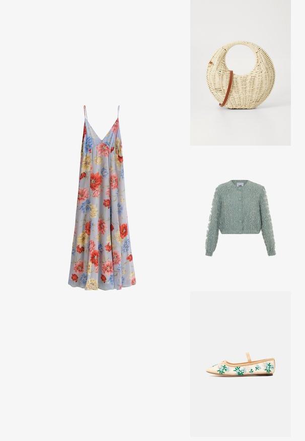 Mintgrøn cropped jakke med broderet blomsterdesign, rund halsudskæring, knaplukning og rynkede manchetter ved ærmerne.; Ærmeløs, lang kjole med V-hals og tynde stropper, med flerfarvet blomsterprint på en lyseblå baggrund.; Beige balletsko med spids tå, enkeltrem og grønne samt lyseblå blomsterbroderier på gennemsigtige sider.; Rund flettet taske i naturligt strå med en tekstureret overflade. Har en glat brun læderrem og et cirkulært håndtag.