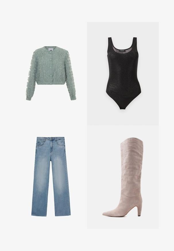 Mintgrøn cropped jakke med broderet blomsterdesign, rund halsudskæring, knaplukning og rynkede manchetter ved ærmerne.; Sort ærmeløs bodysuit med rund halsudskæring og små perforerede huller over det hele, lagt fladt på hvid baggrund.; Lyseblå vide jeans i denim med høj talje, fem lommer og rå kant ved anklerne. Klassisk knappelukning.; Beige ruskindsstøvle til knæet med krokodillemønster, spids tå og mellemhøj stiletthæl på hvid baggrund.