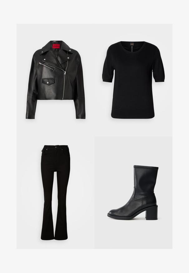 Čierna kožená skrátená bunda so širokými klopami, asymetrickým predným zipsom a dvoma zipsovými vreckami, obsahujúca červenú nášivku s logom vo vnútri.; Čierny krátky rukáv pletený top s okrúhlym výstrihom, rebrovaným lemom a jemnou štruktúrou, s logom umiestneným v strede na zadnej strane.; Čierne rozšírené džínsy vyrobené z denimového materiálu, s vysokým pásom, prednými vreckami a klasickým dizajnom s piatimi vreckami, doplnené kovovými akcentmi.; Čierne kožené členkové topánky s okrúhlou špičkou, hladkou textúrou a robustným podpätkom, s priliehavým zvrškom a jemným prešívaním.