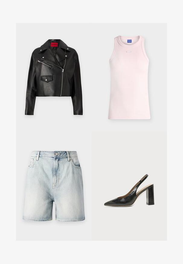 Chaqueta de cuero negra corta con amplios solapas, cremallera asimétrica en el frente y dos bolsillos con cremallera, con una etiqueta de logo roja en el interior.; Camiseta sin mangas de canalé en rosa claro con escote redondo y pequeño detalle rectangular de tela debajo del cuello, etiqueta HUGO en el interior del cuello.; Pantalones cortos de mezclilla azul claro con cierre de botón, cinco bolsillos y una textura deslavada. Corte recto con un diseño clásico.; Zapato slingback de piel negra con puntera puntiaguda, tacón alto y ancho, y forro interior beige sobre un fondo claro y liso.