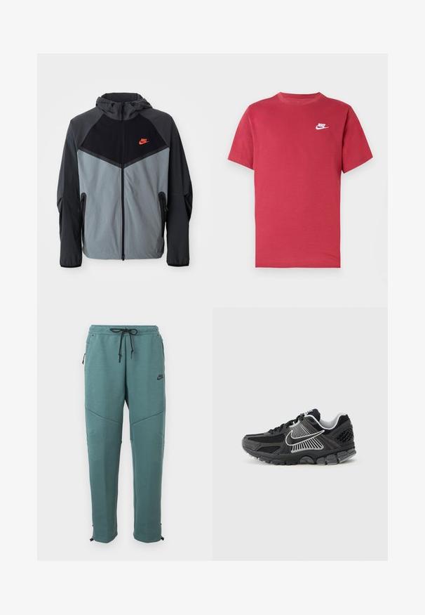 Nike kapuutsiga jakk, millel on must ja hall värvigamma koos geomeetrilise disainiga, lukuga taskud ja silmapaistev punane logo rinna peal.; Punane lühikeste varrukatega Nike T-särk valge logoga vasakul rinnal, ümara kaelusega ja lihtsa mustriga neutraalsel taustal.; Sinine-türkiissinine Nike dressipüksid musta paelaga vöökoha peal, lukuga küljetaskud, põlvedetailid ja kitsenevad sääred reguleeritavate mansettidega.; Mustad spordijalats võrgust paneelide ja sünteetiliste detailidega. Omab ümarat varvast, paksu pehmendusega tallaplaati ning kontrastset valget logodetaili.