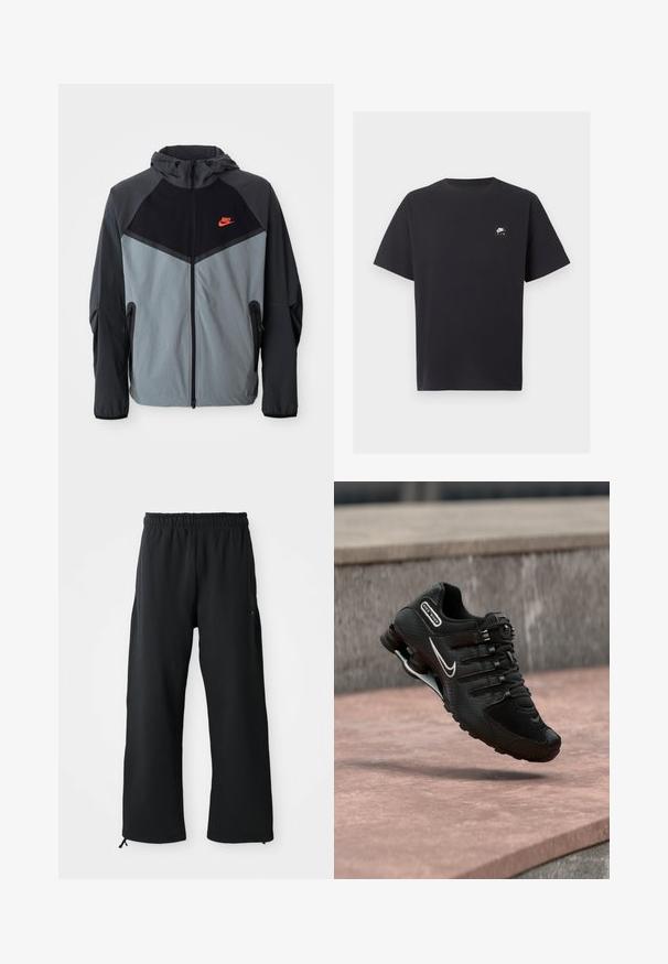 Nike kapuutsiga jakk, millel on must ja hall värvigamma koos geomeetrilise disainiga, lukuga taskud ja silmapaistev punane logo rinna peal.; Mustad lühikeste varrukatega Nike Air T-särk ümmarguse kaelusega ja vasakul rinnal väikese valge logoga.; Mustad laiad mustad püksid pehmest kangast, millel on elastne vöökoht ja nöör, küljetaskud ning sile tekstuur.; Must Nike Shox jooksujalats valge Swooshi logoga, õhus roosakat tooni betoonpinna kohal, halli kiviseina taustal.
