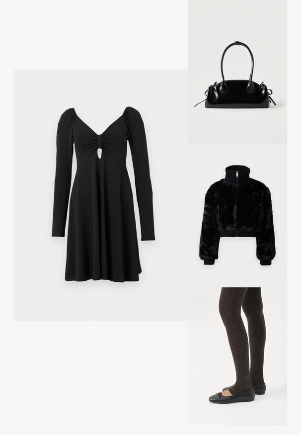 Veste en fausse fourrure noire courte avec un col montant, des poignets côtelés et une fermeture éclair à l'avant. Présente un design court et une texture douce.; Robe noire à manches longues avec un décolleté en V profond, présentant un tissu froncé et un détail en forme de trou de serrure au niveau de la poitrine, avec une jupe évasée.; Jambes portant des leggings côtelés foncés associés à des ballerines noires avec de petits détails en nœud sur fond blanc.; Petit sac à main noir brillant avec deux longues anses et des détails à cordon sur les côtés sur un fond clair uni.