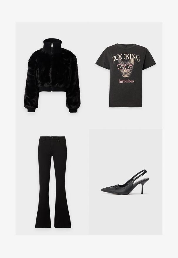 Veste en fausse fourrure noire courte avec un col montant, des poignets côtelés et une fermeture éclair à l'avant. Présente un design court et une texture douce.; T-shirt noir avec un chat portant des lunettes de soleil roses et les mots "ROCKING" au-dessus et "furbulous" en dessous du graphisme du chat.; Jeans évasés noirs à taille haute, en denim. Comprend cinq poches et une fermeture à bouton unique. Texture lisse.; Escarpin en cuir noir à talon aiguille avec un bout pointu, une bride latérale à boucle, des clous le long du bord et un laçage décoratif à l'avant.