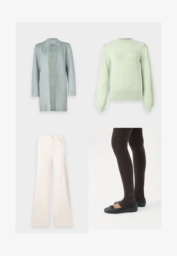 Chaqueta verde claro de manga larga hecha de un material suave similar al ante, con una silueta recta y un panel central de un tono ligeramente más oscuro.; Suéter verde claro con cuello redondo, mangas abullonadas y dobladillo acanalado. Está hecho de un material suave con una textura lisa.; ONLY Wide-fit ONLMADISON High waist Wide Leg Fit - Pernera ancha - ecru; Piernas con leggings oscuros acanalados combinados con bailarinas negras que presentan pequeños detalles de lazo sobre un fondo blanco.
