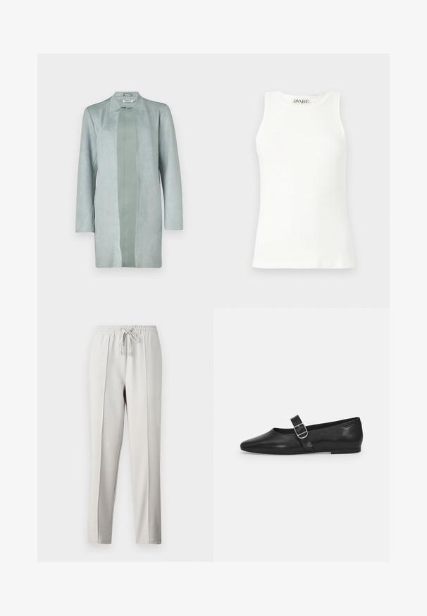 Chaqueta verde claro de manga larga hecha de un material suave similar al ante, con una silueta recta y un panel central de un tono ligeramente más oscuro.; Camiseta sin mangas blanca de canalé con cuello redondeado y forma ajustada. Textura suave y sutil etiqueta de la marca en el cuello.; Pantalones jogger de color gris claro con cintura elástica, cordón y costuras laterales. Confeccionados en una tela suave para un ajuste relajado.; Zapato plano de cuero negro con punta redondeada, una sola correa ajustable con hebilla y una textura suave y brillante. Diseño minimalista con un tacón bajo.