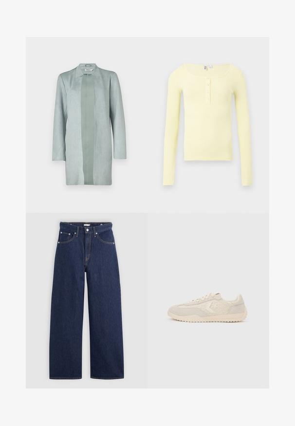 Chaqueta verde claro de manga larga hecha de un material suave similar al ante, con una silueta recta y un panel central de un tono ligeramente más oscuro.; Camiseta de manga larga amarilla clara con ribetes, escote redondo y cuatro pequeños botones decorativos en la tapeta frontal.; Jeans de mezclilla de tiro alto en azul oscuro con perneras anchas, que cuentan con cinco bolsillos, lazos para cinturón y detalles de costura en color cobre. Textura suave.; Zapatilla baja beige con lados de encaje, cierre de cordones y suela texturizada sobre un fondo gris claro liso.