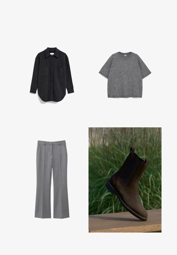 Donkergrijze, langärmige button-up shirt van zachte, gestructureerde stof met twee borstzakken en een afgeronde zoom. Beschikt over een kraag en knoopsluitingen.; Grijze gebreide trui met korte mouwen en een ronde halslijn, met een zachte textuur en een losse pasvorm, die een uniform kleur heeft.; Grijze op maat gemaakte broek met rechte pijpen, een plooi aan de voorkant, zijzakken en riemlussen, geschikt voor formele of kantooromgeving.; Donkerbruine suède Chelsea-laars met elastische zijpanelen, rustend op een houten oppervlak tegen een achtergrond van hoog groen gras.